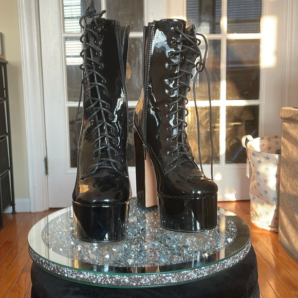 Dolls Kill Shoes - Hedy Lemon drop by privileged lace up patent glossy black chunky platform boots